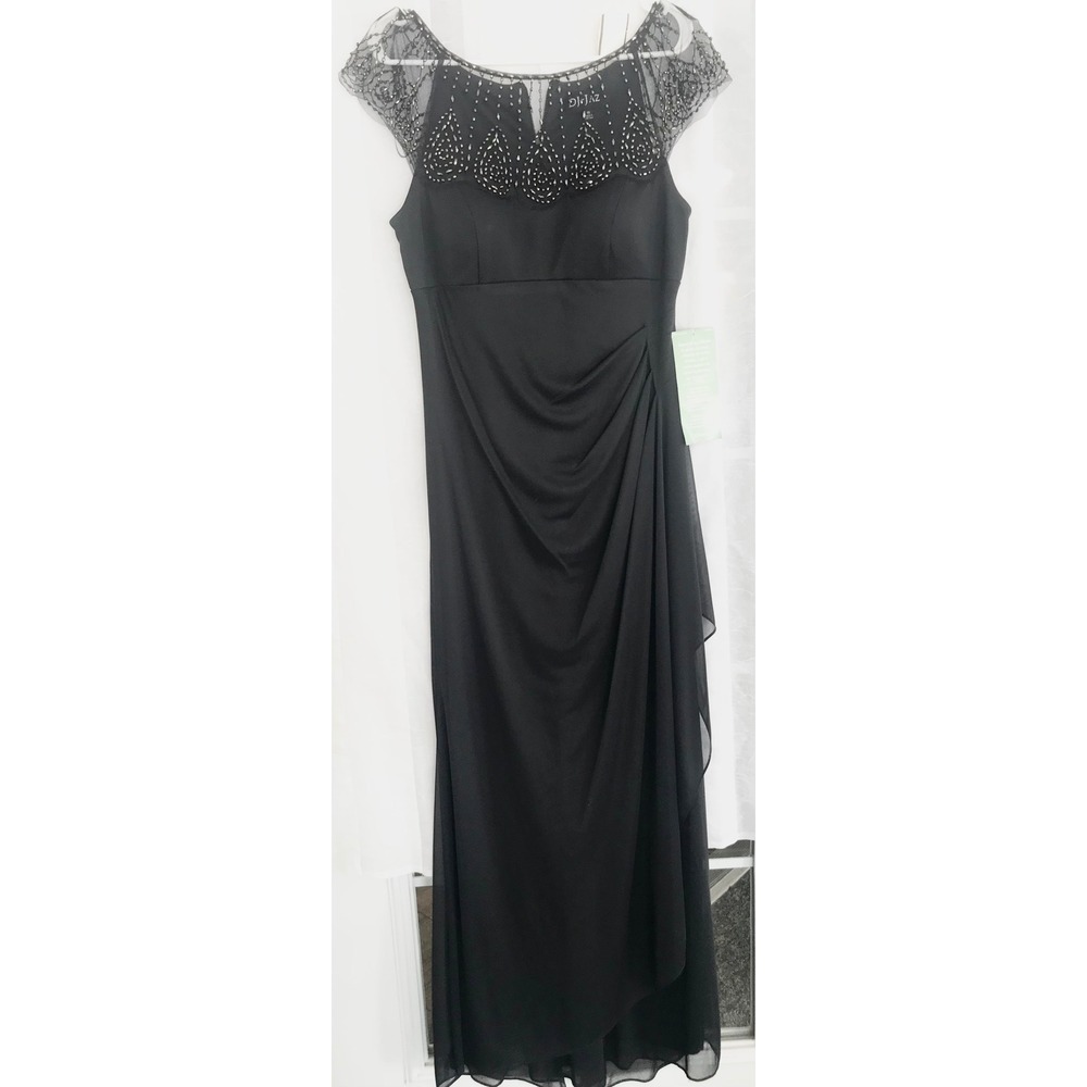 DJ-JAZ Womens Black Beaded Illusion Neck Ruched Evening Gown Dress‎ Size 10 NEW